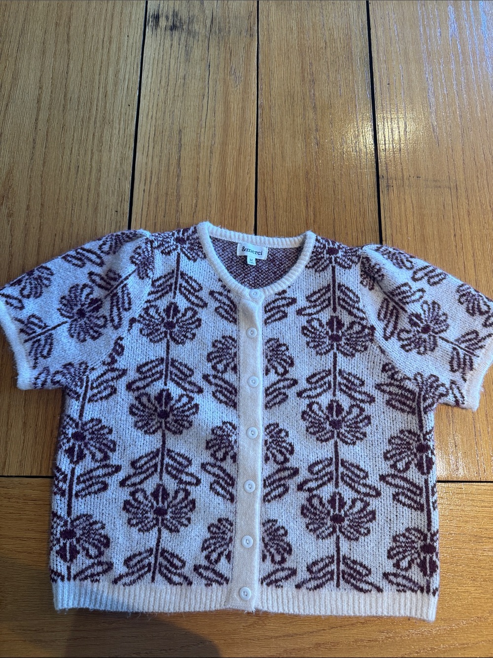 Short-Sleeve Floral Knit Cardigan - Cream & Brown